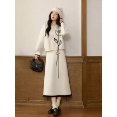 批发温柔风气质名媛<b class='q'>女</b>2025春秋新款玫瑰花刺绣毛衣<b class='q'>半身裙</b>针织两件套装