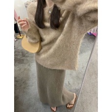 批发两件套/单件简约通勤感圆领套头毛衣外套+针织水貂绒<b class='q'>半身裙</b>套装<b class='q'>女</b>