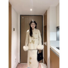 新中式国风设计感保暖毛呢外套秋冬季新款高腰显瘦半身裙两件套女