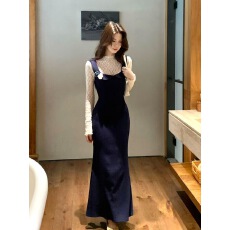 批发韩版纯欲U领针织背心裙套装女秋冬款半高领蕾丝打底衫<b class='q'>包臀</b>鱼尾裙