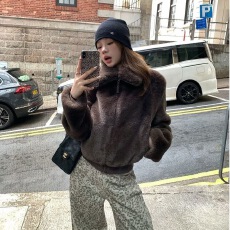 2025冬季双拉链翻领外套女冬季保暖毛绒小众休闲长袖外套