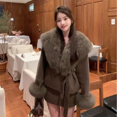 批发气质财阀千<b class='q'>金</b>名媛风两件套收腰绑带设计咖色外套高腰显瘦短裙套装