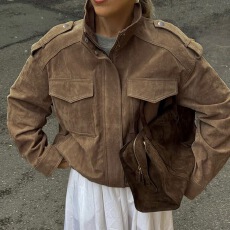 批发美式复古<b class='q'>街头</b>老钱风麂皮立领外套长袖口袋宽松休闲夹克