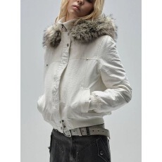 批发大毛领双门襟拉链假两件高领短款<b class='q'>街头</b>连帽修身白棉服冬季新款显瘦