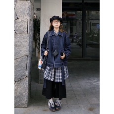 批发日系文艺套装女秋冬复古Polo领牛仔外套搭配格子衬衫连衣裙两件套