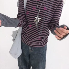 批发<b class='q'>日系</b>亚文化条纹印花圆领长袖t恤女秋季内搭拼接打底显瘦辣妹上衣