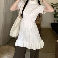批发【初雪手册 韩剧忧郁女主感】高领短袖针织<b class='q'>连衣裙</b>秋冬内搭叠穿