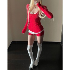 批发纯欲辣妹绞花毛衣蕾丝<b class='q'>吊带</b>针织短裤套装秋冬款修身显瘦长袖两件套