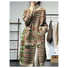 批发年秋冬款中长艺术生炸街日系复古民族风印花毛衣外套慵懒风潮