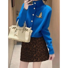 批发秋冬氛围感穿搭长袖毛衣套装<b class='q'>女</b>新款小个子针织上衣豹纹短裙两件套