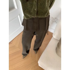 批发系带休闲裤显瘦直筒西装裤毛呢小众设计感百褶裙摆<b class='q'>大码</b>休闲长裤