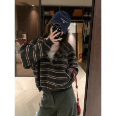 批发复古条纹拉链开衫毛衣外套女秋冬外穿设计感宽松针织上衣