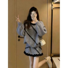 批发灰色针织套装<b class='q'>女</b>新款初冬小个子穿搭显瘦花边领上衣+<b class='q'>半身裙</b>两件套