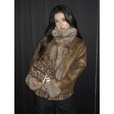 批发美拉德之神 气质香风拼接毛绒重工外套韩系千<b class='q'>金</b>高级小众宽松大衣