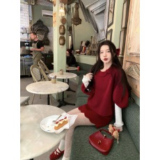 批发气质小香风红色富家千<b class='q'>金</b>公主风红色上衣+半身裙套装新年圣诞穿搭