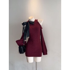 批发古着vintage秋冬圣诞红色复古<b class='q'>连衣裙</b>御姐气质小众收腰显瘦包臀裙