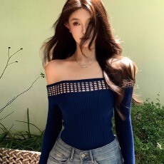 批发冬季内搭一字领韩简蓝色镂空长袖<b class='q'>背心</b>轻熟风气质修身露肩显瘦上衣