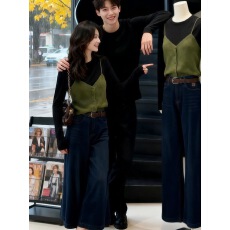 批发巨好看的秋冬一整套韩系简约针织吊带背心叠穿打底衫<b class='q'>牛仔</b>裤子<b class='q'>套装</b>