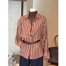 批发气质红色竖<b class='q'>条纹</b>翻领单排扣<b class='q'>衬衫</b>女秋季洋气高级感小外套