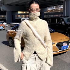 批发美式秋冬新款百搭<b class='q'>修身</b>小众设计高领拉链毛衣高级感长袖开衫上衣潮