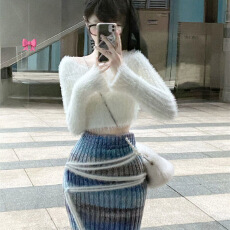 批发秋冬季一整套辣妹风短款仿貂绒毛衣针织衫<b class='q'>套装</b>女<b class='q'>韩版</b>条纹针织长裙