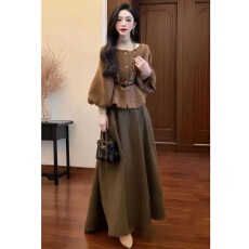 批发复古轻奢秋季氛围感灯笼袖短外套上衣高级感通勤半身裙显瘦套<b class='q'>装</b>女