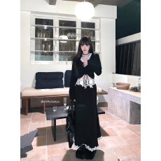 批发纯欲辣妹套装<b class='q'>V领</b>长袖抽褶上衣蕾丝拼接鱼尾长裙半身裙两件套女秋