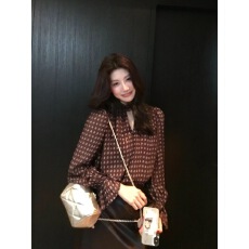 批发法式复古波点V领显瘦雪纺衫女秋冬设计感灯笼袖<b class='q'>衬衫</b>