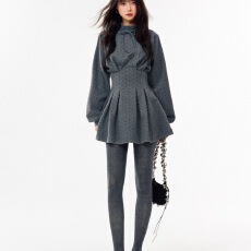 批发冬季法式灰色波点收腰长袖连衣裙<b class='q'>衬衫</b>裙<b class='q'>女</b>秋冬高级短款裙子蝴蝶结