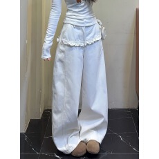 批发美式大码<b class='q'>设计</b>感立裁花边牛仔裤子女辣妹白色宽松bf慵懒风拖地长裤