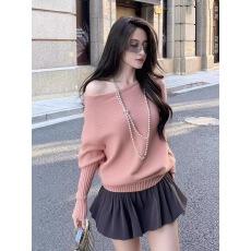 批发粉色不规则斜肩毛衣秋冬装女款新款<b class='q'>修身</b>显瘦露肩针织百搭<b class='q'>裤</b>裙套装