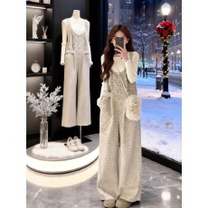 批发设计感时尚慵懒风印花背带连体阔腿裤<b class='q'>女</b>冬季内搭打底衫上衣两件套