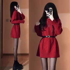 批发高级网红针织打底衫秋<b class='q'>冬</b>中长款连衣裙宽松慵懒风毛衣裙女