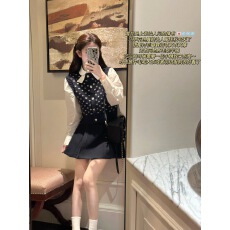 批发奶系马甲两件套装女甜美针织<b class='q'>开衫</b>毛衣马甲叠穿衬衫外穿春秋款