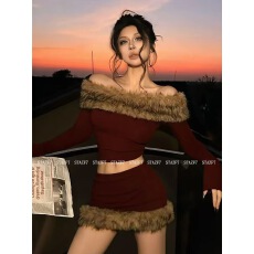 批发美式复古辣妹毛毛一字肩<b class='q'>长袖</b>上衣气质包臀裙圣诞套装秋冬新款女装