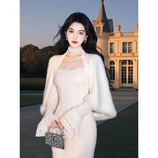 批发<b class='q'>甜美</b>慵懒风高级感气质名媛穿搭秋季小香风白色披肩连衣裙针织套装