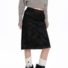 批发复古麂皮半身裙女秋冬黑色包臀中长款直筒裙腰带装饰通勤裙子