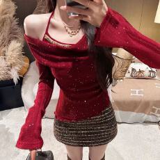 批发细闪荡领拼接假两件<b class='q'>长袖</b>针织衫女秋冬新款设计感修身显瘦红色上衣