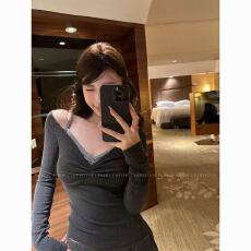 批发韩系甜辣拼接设计感撞色假两件长袖T恤女收腰显瘦时尚百搭上衣潮