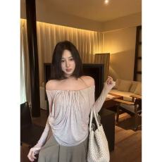 批发一字肩串珠长袖T恤女秋季设计感宽松纯欲chic独特休闲打底衫上衣