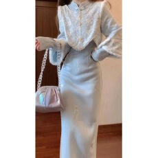 批发秋冬款国风加绒加厚旗袍新中式小洋装名媛高级感马甲连衣裙两件套