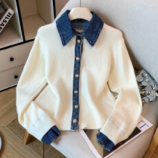 批发<b class='q'>品牌</b><b class='q'>折扣</b>牛仔polo领拼接撞色毛衣加厚开衫女2025秋冬新款排扣外套