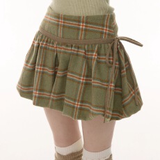 批发秋<b class='q'>冬</b>美式复古高腰显瘦绿色格纹毛呢系带兜兜短裙半身裙女