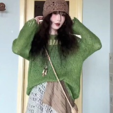 批发复古慵懒风宽松<b class='q'>镂空</b>绿色<b class='q'>罩衫</b>女春夏新款韩系设计感圆领<b class='q'>针织</b>衫上衣