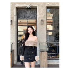 批发一字肩长袖连衣裙女冬修身显瘦包臀<b class='q'>短裙</b>气质纯欲风甜辣美高级裙子