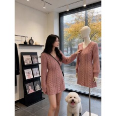 批发韩国chic秋冬复古麻花收腰修身长袖针织显瘦<b class='q'>连衣裙</b>短款轻奢毛衣