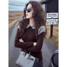 批发【<b class='q'>专柜</b><b class='q'>正品</b>】胖mm法式设计感撞色针织衫年秋季新款显瘦高级感上衣