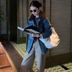 批发美式复古牛仔外套女2025秋冬新款羊毛领拼接腰带中长款外套松弛