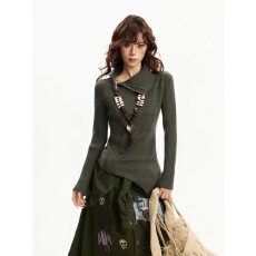 批发美式绿色拉链斜领毛衣<b class='q'>开衫</b>女早春不规则修身设计感高领针织衫上衣