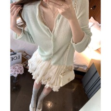 批发马卡龙小衫~韩系木耳边针织开衫女春夏薄款减龄长袖打底衫上衣